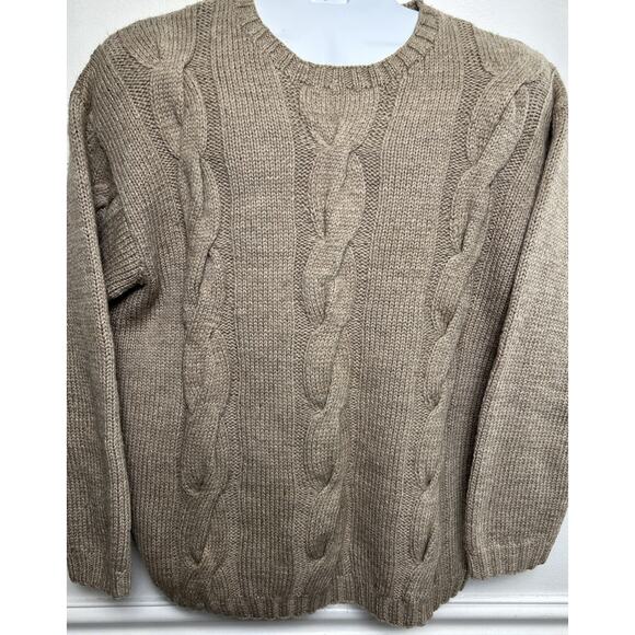 J Crew Mens L 100% Wool Crew Thic Cable Knit Sweater Chunky Fisherman Brown Vtg - Picture 1 of 6